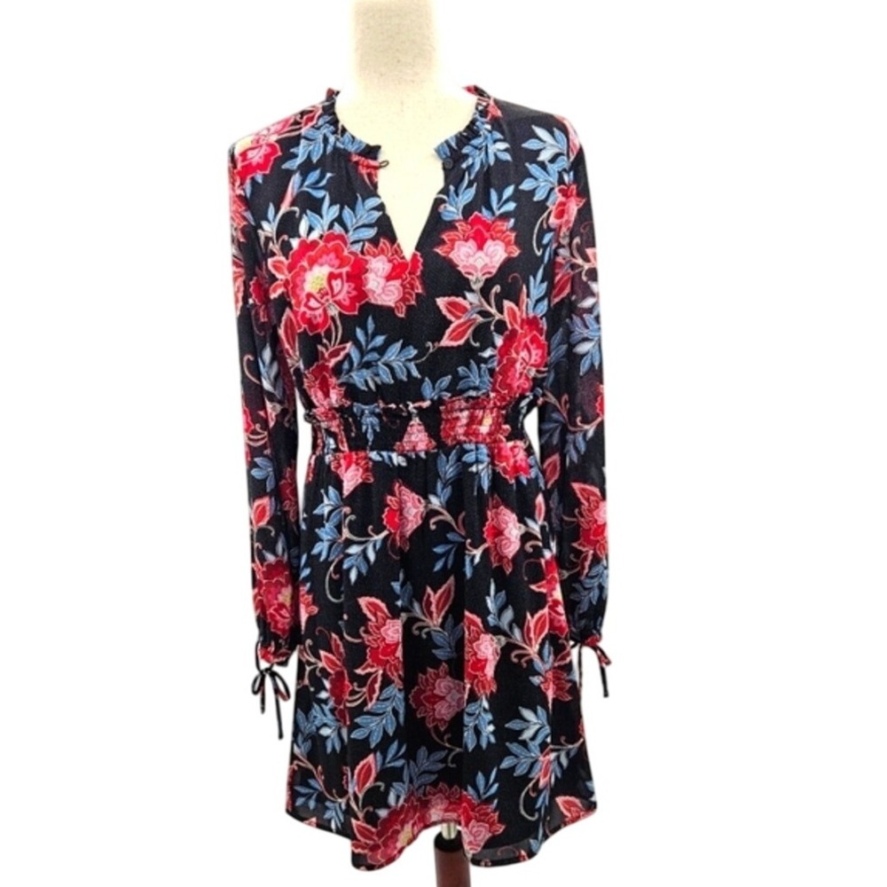 Loft Floral Print Long Sleeve Smocked‎ Waist Dress Black Red Blue